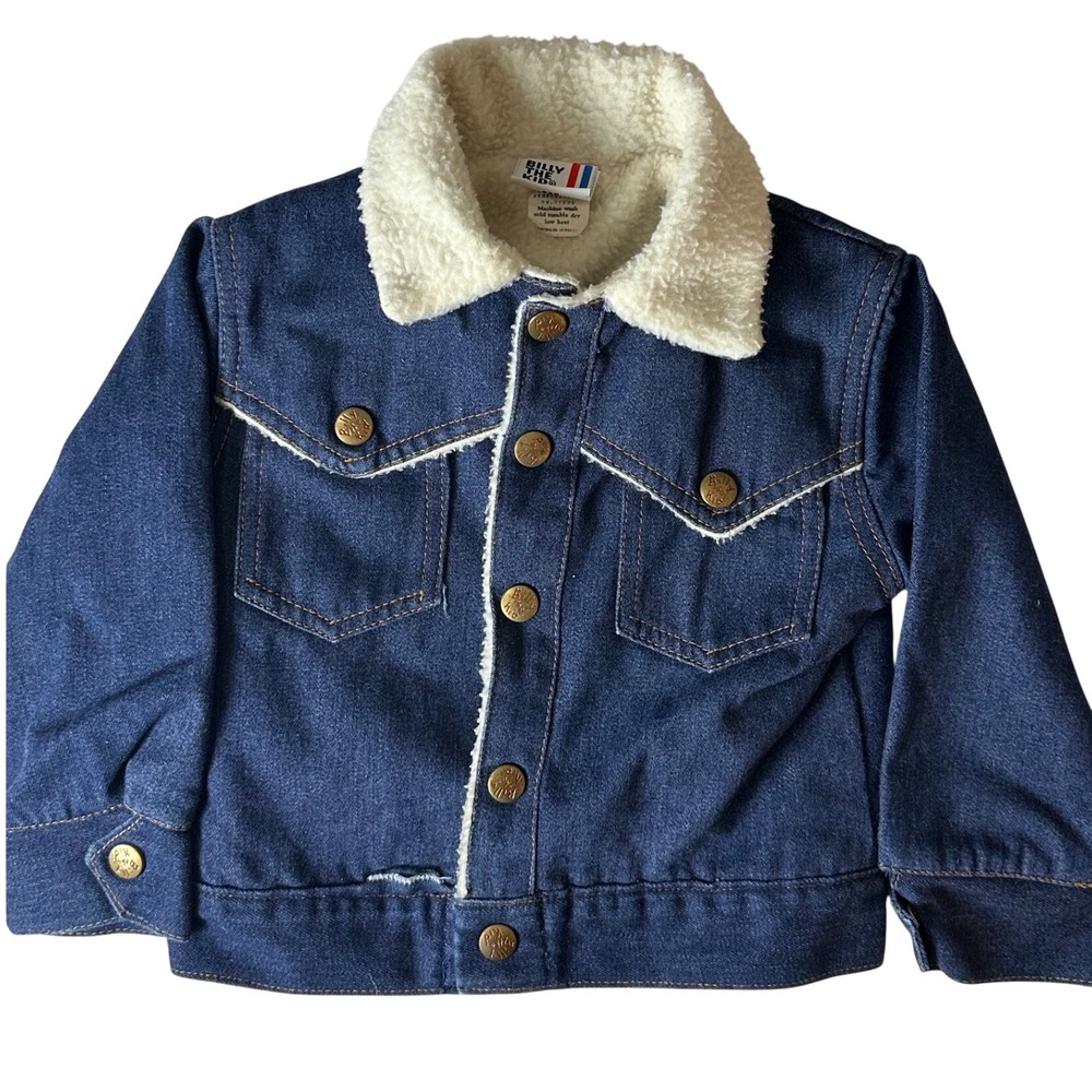 Billy The Kid Vtg 70s Toddler Sherpa Lined Denim trucker Jacket Blue 3T Western